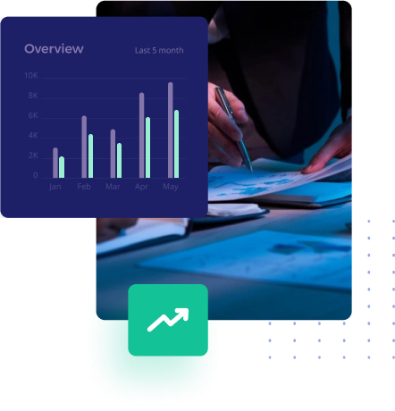 above is a graph, in the middle is a person writing in a notebook, below is an arrow